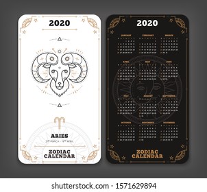 Aries 2020 year zodiac calendar pocket size vertical layout Double side black and white color design style vector concept illustration