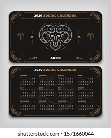 Aries 2020 year zodiac calendar pocket size horizontal layout Double side black color design style vector concept illustration