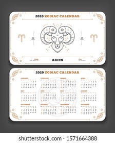Aries 2020 year zodiac calendar pocket size horizontal layout Double side white and black color design style vector concept illustration