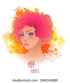 Aries una señal astrológica como una chica hermosa. Ilustración vectorial sobre el fondo de la acuarela aislada en blanco. Contando el futuro, horóscopo. Mujer de moda zodiac set. 