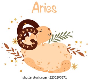 Aries astrologisches Zeichen. Cute Zodiac Schild mit bunten Blättern und Sternen um. Cute Aries perfekt für Poster, Logo und Karten. Vektorgrafik.