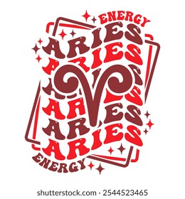 Aries astrological sign. Retro wavy text zodiac design.