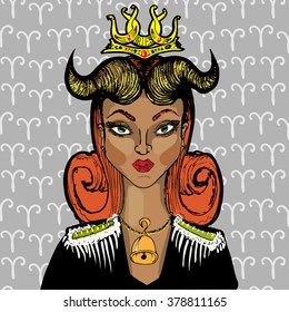 Aries astrological sign. Vector illustration with portrait of girl