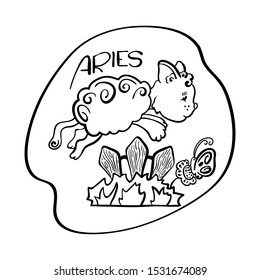 Aries astrological zodiac sign with cute cat character. Aries vector illustration on white background. Astrological sign black line drawing. Cute Aries cat coloring page. Zodiac character symbol 