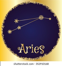 Aries. Astrology sign. Vector zodiac. Gold snowflakes 