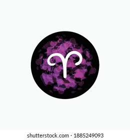 Aries astrology zodiac planet sign symbol with purple pink brush element. Magical round black icon isolated on white background. Hand drawn illustration. 