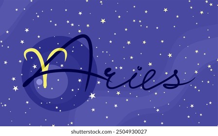 Aries. Beautiful inscription. Zodiac sign. On a dark blue starry background. Astrology and horoscopes concept. Vector illustration.