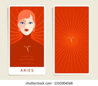 Aries : Beautiful woman with horoscope sign : Template for tarot cards :Vector Illustration