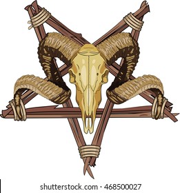 Aries bighorn skull and Inverted pentagram, vector illustration, eps-10