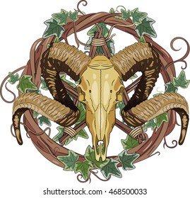 Aries bighorn skull and Inverted pentagram, vector illustration, eps-10