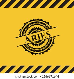 Aries black grunge emblem inside yellow warning sign. Vector Illustration. Detailed.
