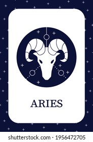 Aries card icon. Ram symbol. First fire sign in zodiac. Birth symbol. Mystic horoscope sign template. Flyer, magazine, poster, book cover, booklet. Astrological science infographic concept