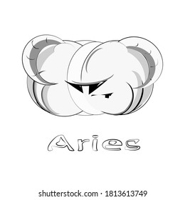 Aries. Coloring. Cartoon pumpkin in the form of a zodiac sign. Monochrome vector illustration. Isolated element on a white background. The inscription "Aries". Use for astrological forecasts.