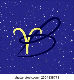 Aries in combination with the letter B. Zodiac sign. On a dark blue starry background. Astrology and horoscopes concept. Vector illustration.