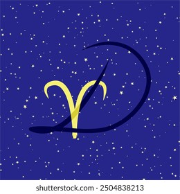 Aries in combination with the letter D. Zodiac sign. On a dark blue starry background. Astrology and horoscopes concept. Vector illustration.