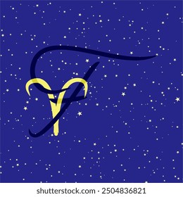 Aries in combination with the letter F. Zodiac sign. On a dark blue starry background. Astrology and horoscopes concept. Vector illustration.