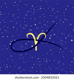 Aries in combination with the letter L. Zodiac sign. On a dark blue starry background. Astrology and horoscopes concept. Vector illustration.