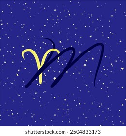 Aries in combination with the letter M. Zodiac sign. On a dark blue starry background. Astrology and horoscopes concept. Vector illustration.