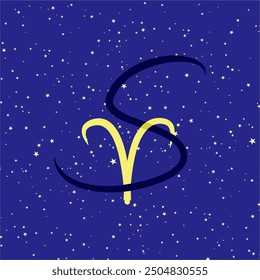 Aries in combination with the letter S. Zodiac sign. On a dark blue starry background. Astrology and horoscopes concept. Vector illustration.
