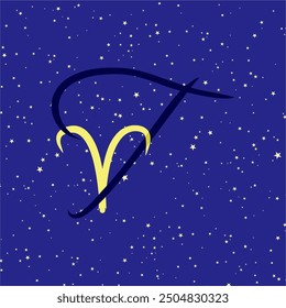 Aries in combination with the letter T. Zodiac sign. On a dark blue starry background. Astrology and horoscopes concept. Vector illustration.