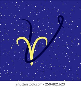 Aries in combination with the letter V. Zodiac sign. On a dark blue starry background. Astrology and horoscopes concept. Vector illustration.