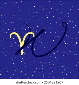 Aries in combination with the letter W. Zodiac sign. On a dark blue starry background. Astrology and horoscopes concept. Vector illustration.