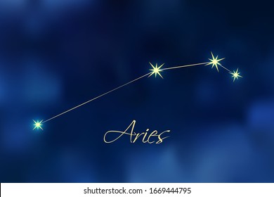 Aries constellation astrology vector illustration. Stars in dark blue night sky. Aries zodiac constellations sign beautiful starry sky. Aries horoscope symbol made of gold star sparkles and lines.