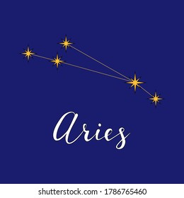 Aries constellation astrology vector illustration with hand lettering inscriprion. Horoscope symbols made of yellow stars and lines isolated on dark blue background. 