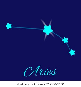 Aries constellation astrology vector illustration. Stars in dark blue night sky. Aries zodiac constellations sign beautiful starry sky. Aries horoscope symbol made of blue star sparkles and lines.