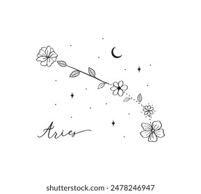 Aries constellation with Hand drawn doodle flowers, leaves, florals and stars. Vector art, graphic illustration clipart. Beautiful and creative representation of the Aries constellation