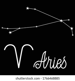 Aries constellation, handwritten inscription and zodiac sign. Pattern for your packaging, fabric and product decoration. Vector illustration on a black background.