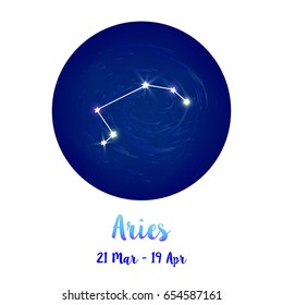 Aries constellation icon of zodiac sign Aries in cosmic stars space. Blue starry night sky inside circle background. Galaxy space vector design for horoscope icon, cards, posters, fortune telling.