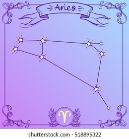 Aries constellation on a purple background.. Schematic representation of the signs of the zodiac.