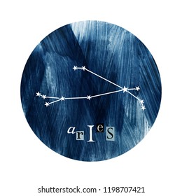 The Aries Constellation over hand drawn blue background. 1 of the 12 zodiac signs. Vector illustration