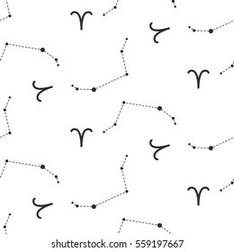 Aries constellation seamless vector pattern. Zodiac symbol black and white background.