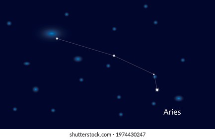 Aries constellation. Starry sky. Dark blue space background. Bright shining stars. Zodiac constellations. Zodiac sign. Vector illustration.