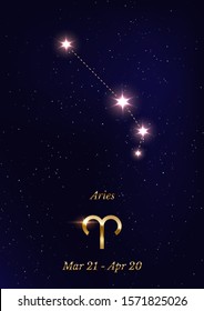 Aries constellation vector poster template. Zodiac sign banner with text space. Night shining starry sky on dark background. Horoscope symbol poster. Astrological calendar, astronomical chart