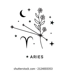 Sternbild Aries mit Blume, Mond und Sternen