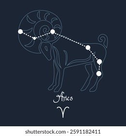 Aries, constellation and zodiac sign on the background of the cosmic universe. Blue and white design. Illustration