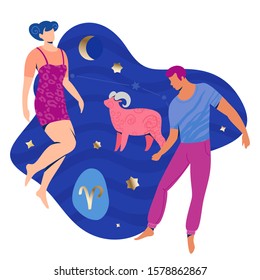 Aries couple zodiac and horoscope concept. Modern vector art with young couple. Illustration for horoscope and astrology apps, dating websites, astrology predictions.