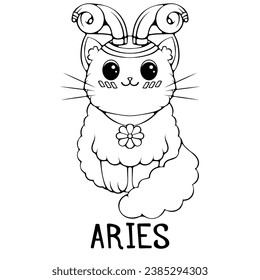 Aries cute cartoon astrology sign of the zodiac sitting cat. Character in kawaii style. Vector illustrations in hand drawn sketch style isolated on white. Black outline graphic. Funny cat horoscope