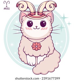 Aries cute cartoon astrology sign of the zodiac cat. Pet character in kawaii style. Vector illustrations in hand drawn flat style on round background. Funny cat horoscope