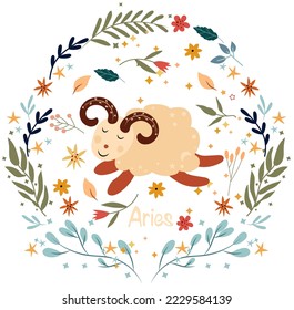 Aries. Cute Zodiac in a colorful wreath of leaves, flowers, and stars around. Cute Aries perfect for posters, logo, cards. Astrological Aries zodiac. Vector illustration.