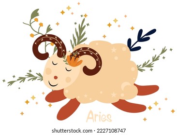 Aries. Cute Zodiac Schild mit bunten Blättern und Sternen um. Cute Aries perfekt für Poster, Logo und Karten. Astrologisches Erreger zodiaktisch. Vektorgrafik.