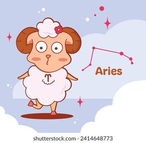	
Aries cute zodiac sign dancing sheep in the sky