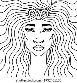 Aries girl portrait. Zodiac sign for adult coloring book. Line black and white vector illustration.