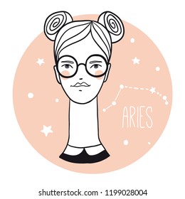 Aries girl. Sketch style woman with zodiac sign.