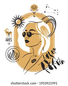 Aries. Ilustración vectorial con un retrato de una chica bonita. Signo zodiaco con elementos de astrología