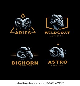 Aries, goat, ram with big horns. Set of vector illustration.