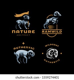 Aries, goat, ram with big horns. Set of vector illustration.